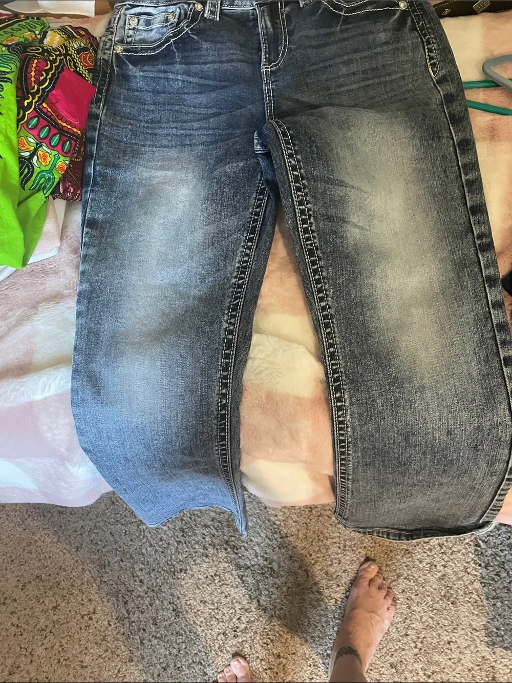 Fleur. Miss Me Embellished Blue Denim Jeans Rhinestone,Sequin Cross Designed Y2K